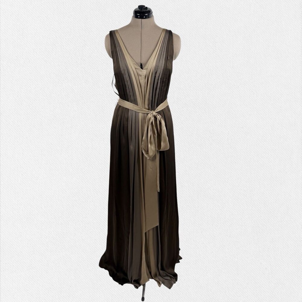 Coast Silk Maxi Dress 10 Brown Tan Pleated Grecian Evening Gown Formal Belted